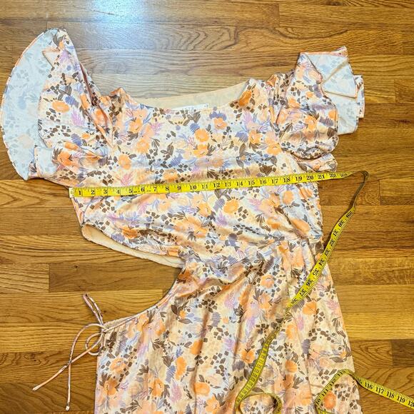 ASTR Women Medium Veida Floral CutoutTangerine Purple High Low Ruffle Midi Dress - Picture 2 of 9